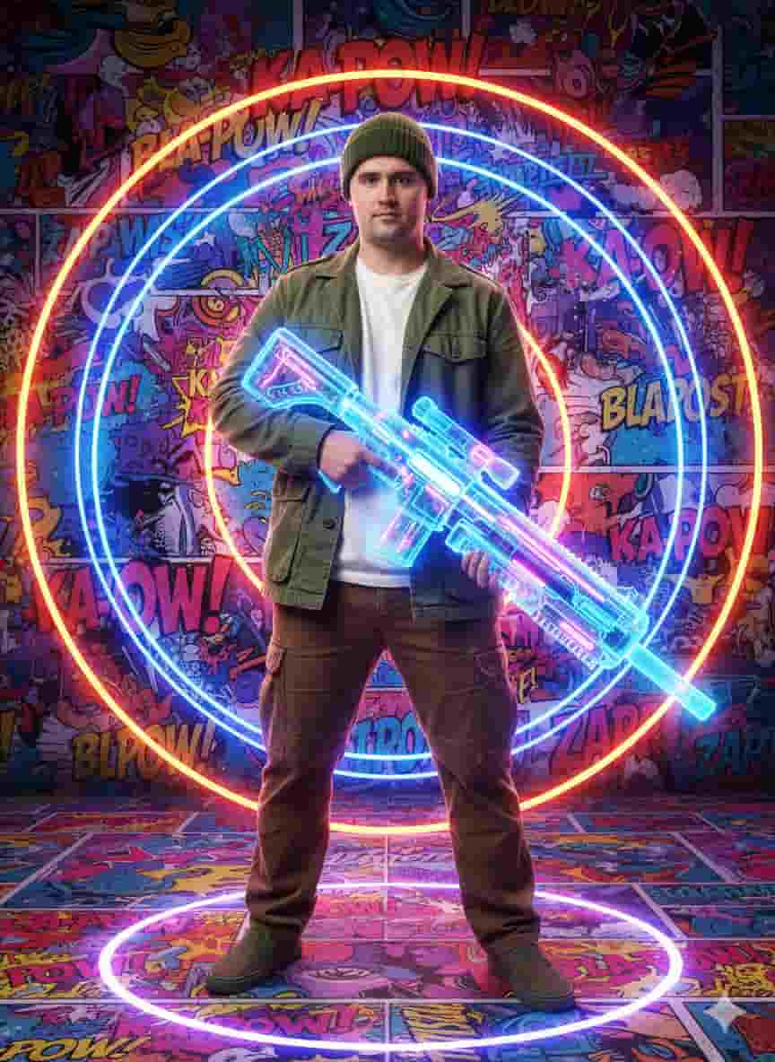 AI Prompt Futuristic Urban Portrait with Neon Rifle and Graffiti Background