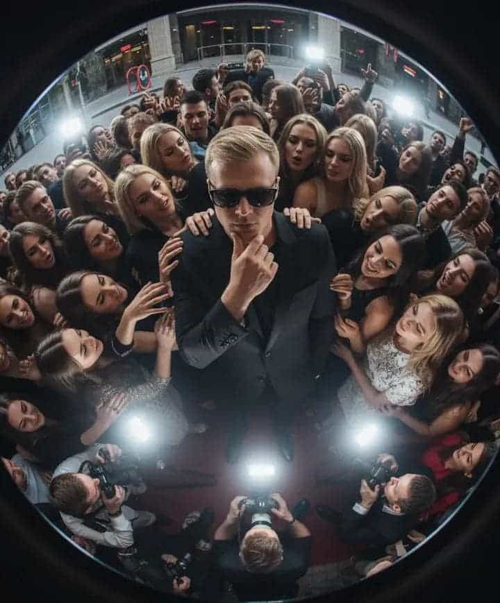 ai prompt man in black suit with fans and paparazzi