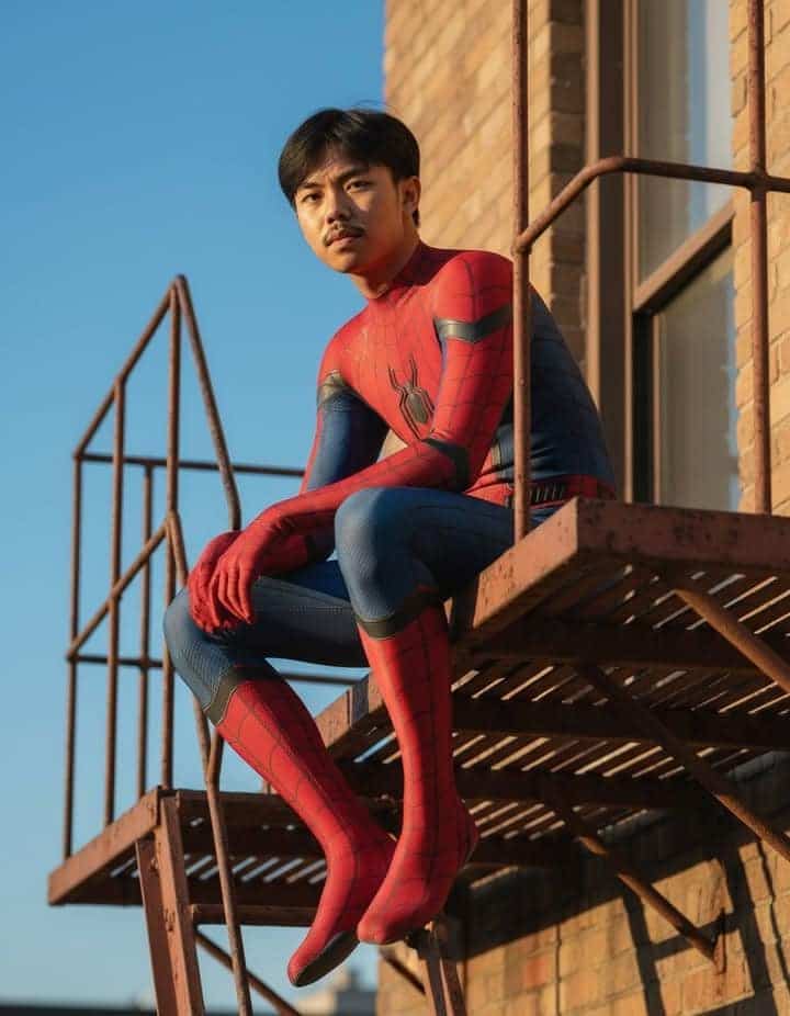 boy in spiderman suit on fire escape