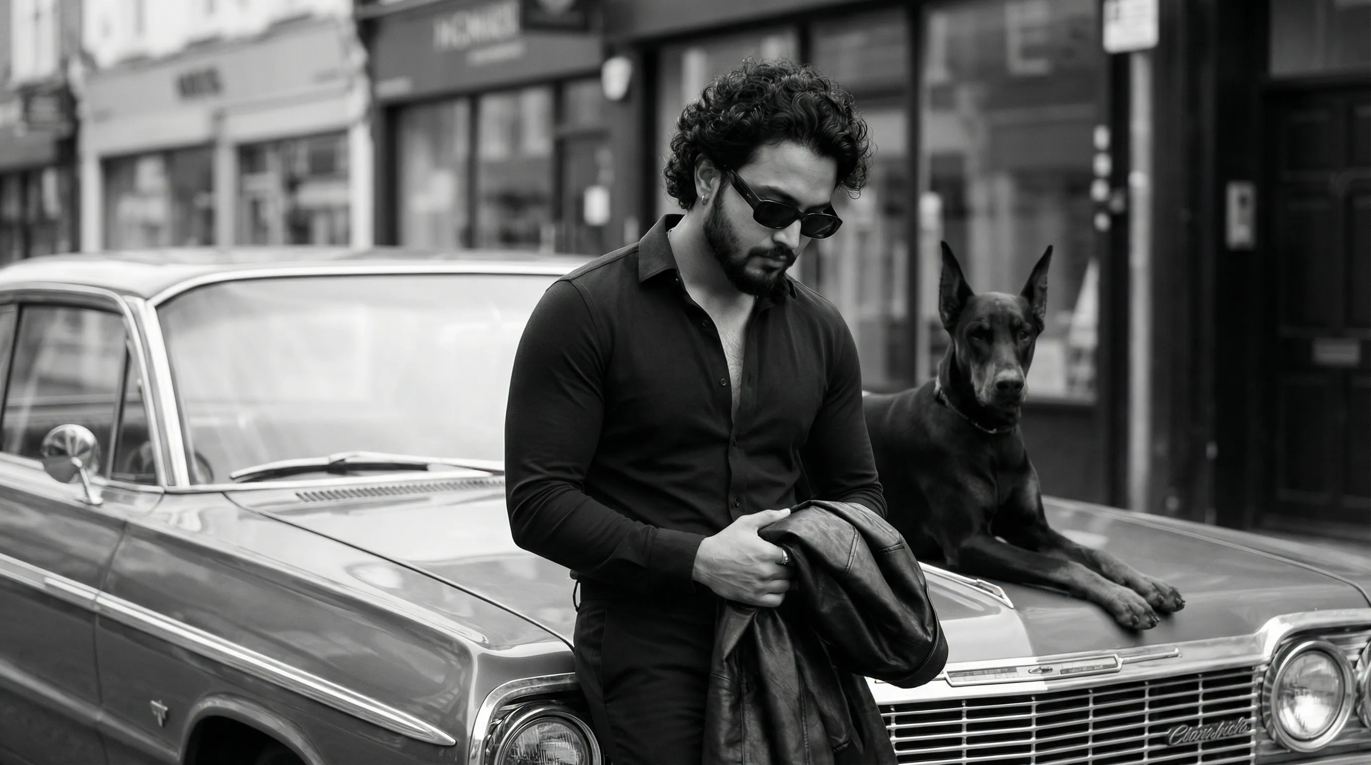 Cinematic Black and White Portrait Prompt with Car and Dog - Generated image 2