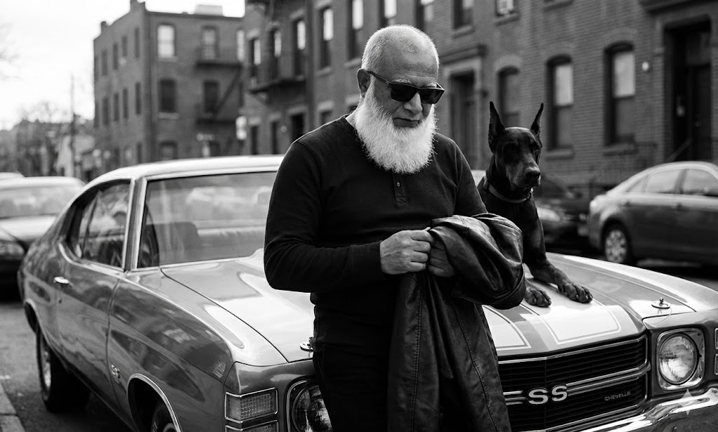 Cinematic-black-white-portrait-prompt-car-dog
