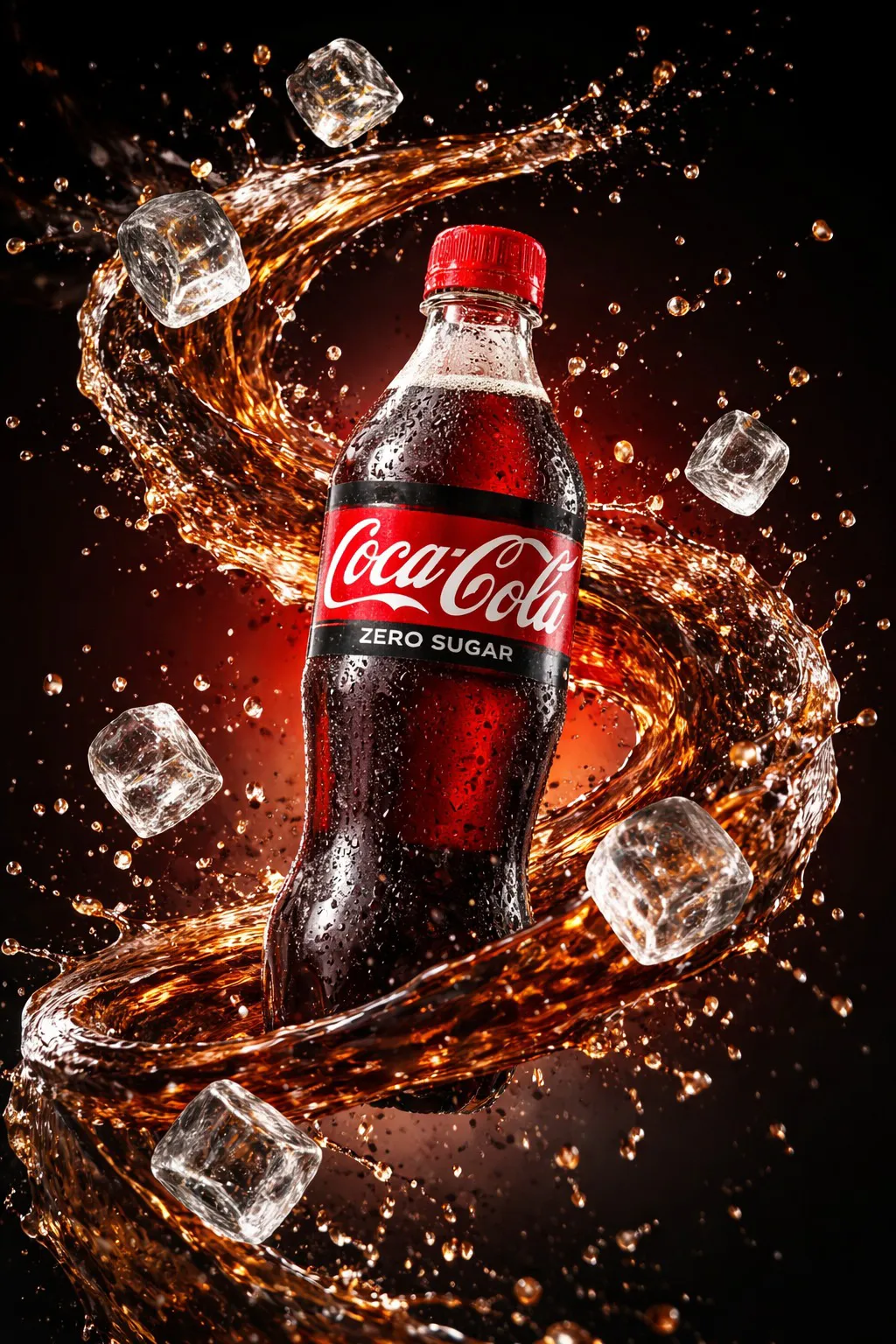 Photorealistic Ice & Cola Splash Spiral Ad Photo Prompt - Generated image 1