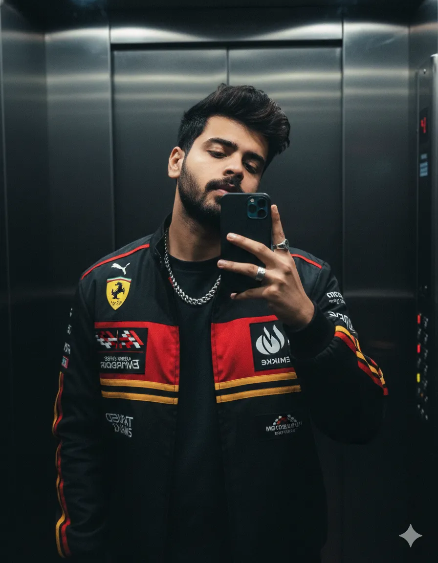 Moody Mirror Selfie in Ferrari Jacket AI Photo Prompt - Generated image 1