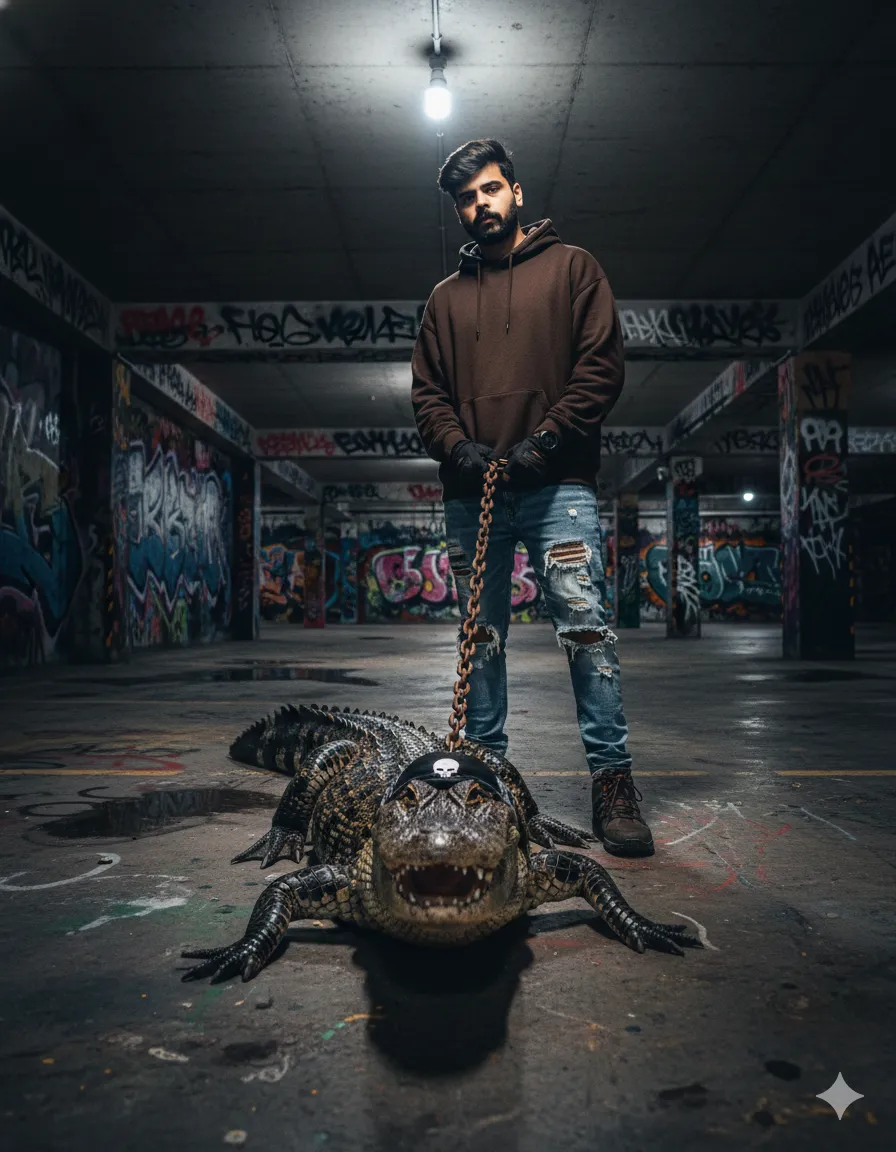 AI Prompt: Guy with Alligator on Leash in Graffiti Parking Lot - Generated image 2