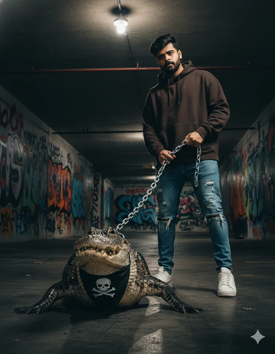 AI Prompt: Guy with Alligator on Leash in Graffiti Parking Lot - Generated image 1