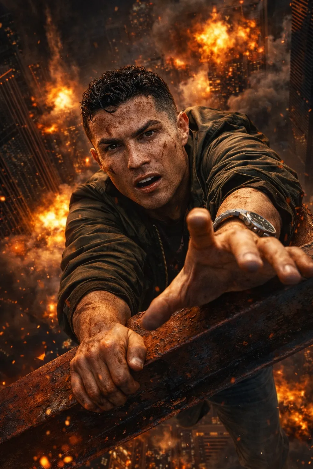 Action Movie Self Portrait AI Prompt: Hanging from Beam in Exploding City - Generated image 2