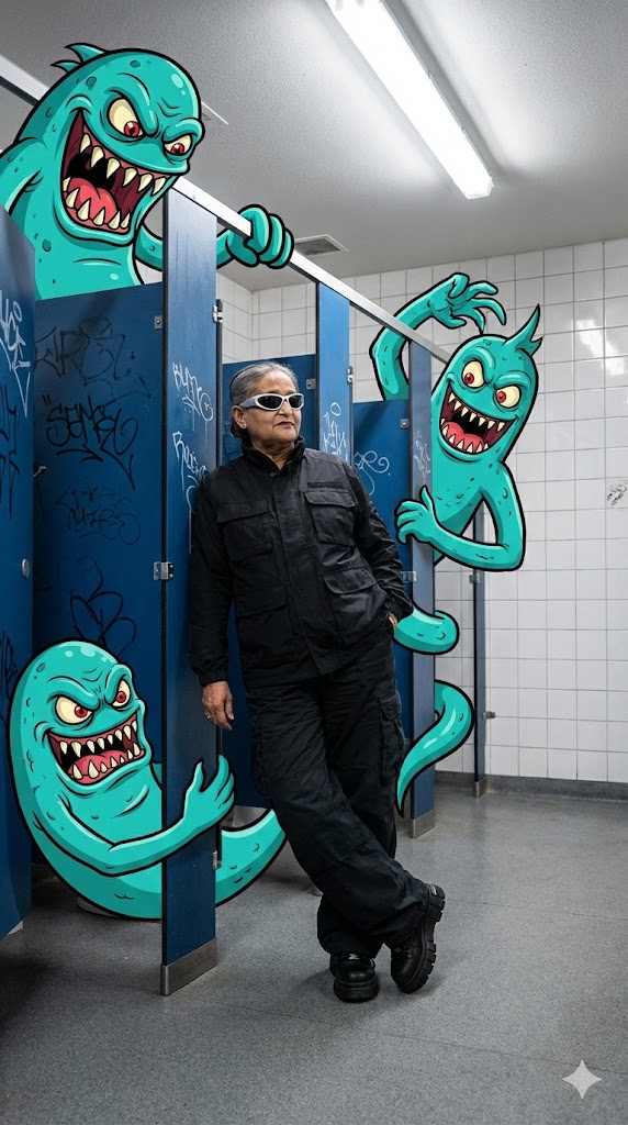 Surreal Urban Fashion AI Prompt: Cartoon Creatures in Restroom Photo - Generated image 2
