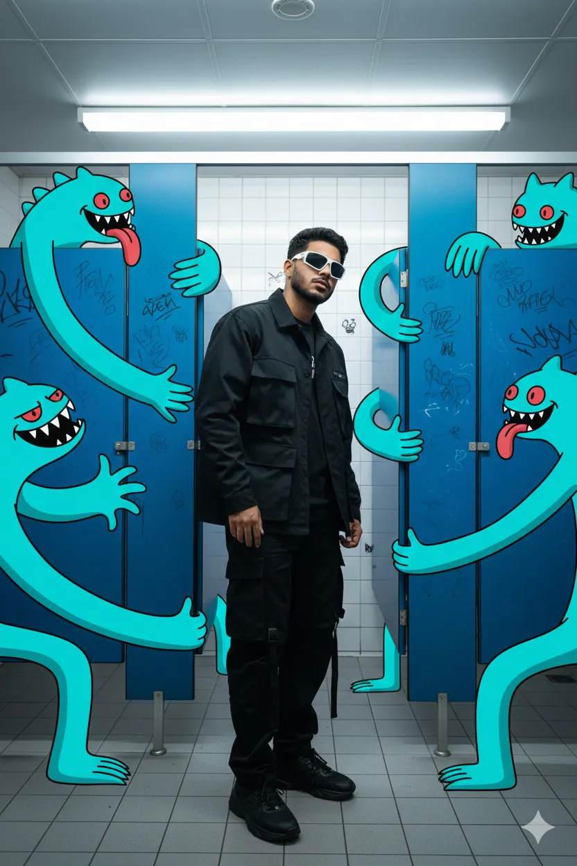 Surreal Urban Fashion AI Prompt: Cartoon Creatures in Restroom Photo - Generated image 1