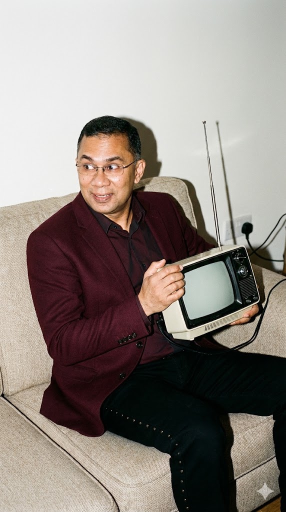 Cinematic Portrait AI Prompt: Man with Vintage TV on Couch, IMAX Style