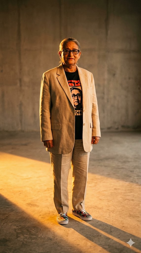 Editorial Fashion AI Prompt: Model in Beige Linen Suit with Golden Backlight