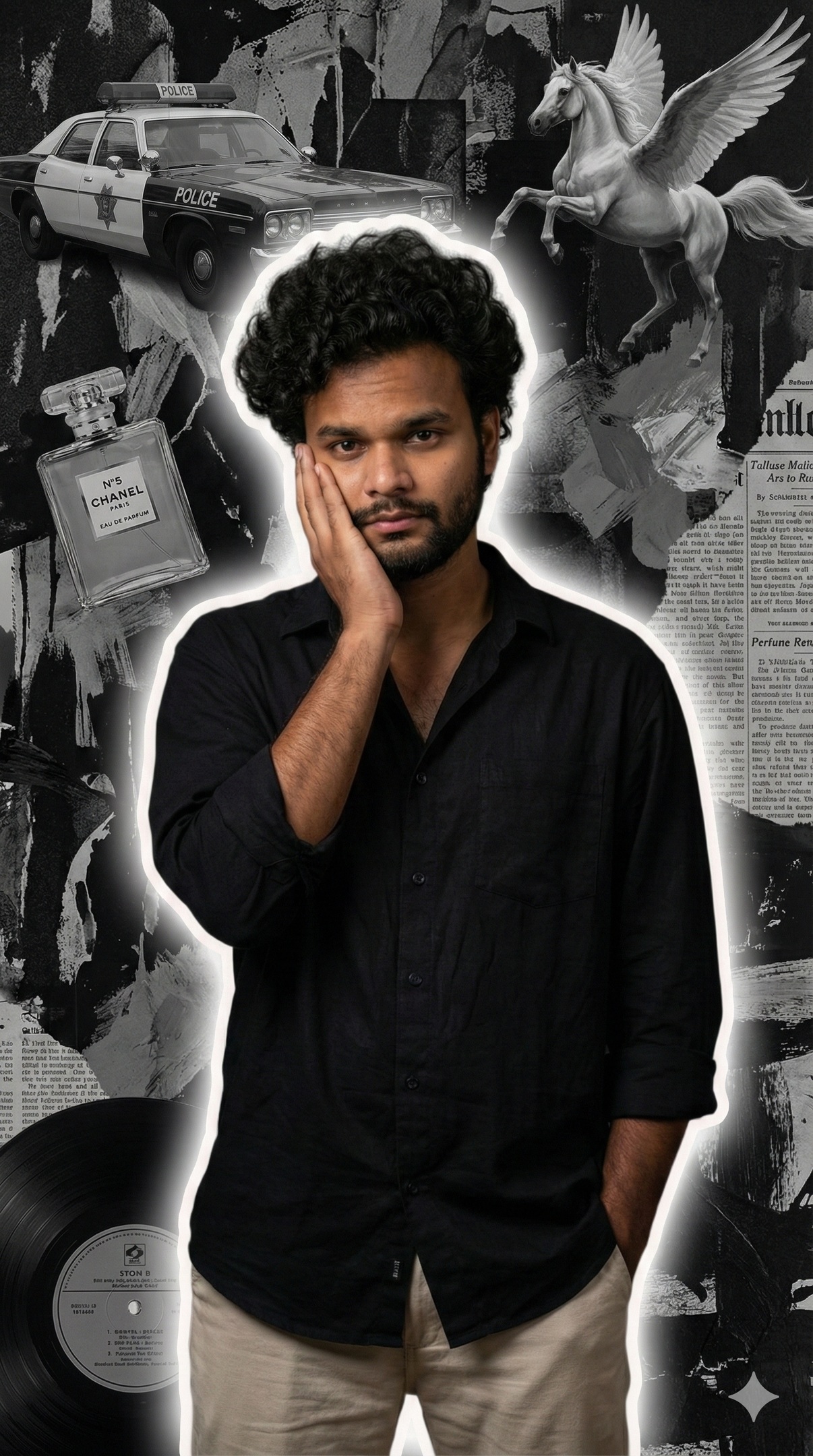 Dark Grunge Collage Portrait with Pegasus and Police Car AI Prompt