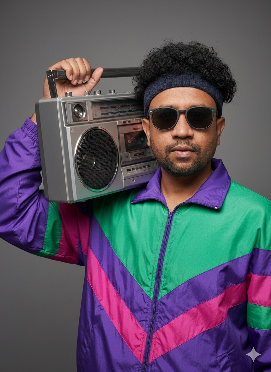 Ultra-Realistic Retro Portrait AI Prompt with Boombox