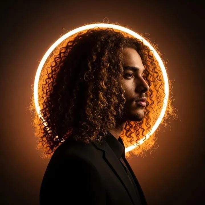 Cinematic Neon Ring Light Portrait on Dark Background