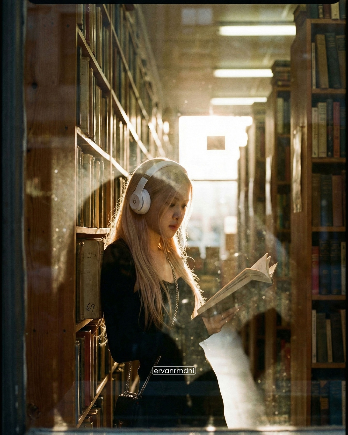 Vintage Bookstore Cinematic Portrait 1990s Aesthetic