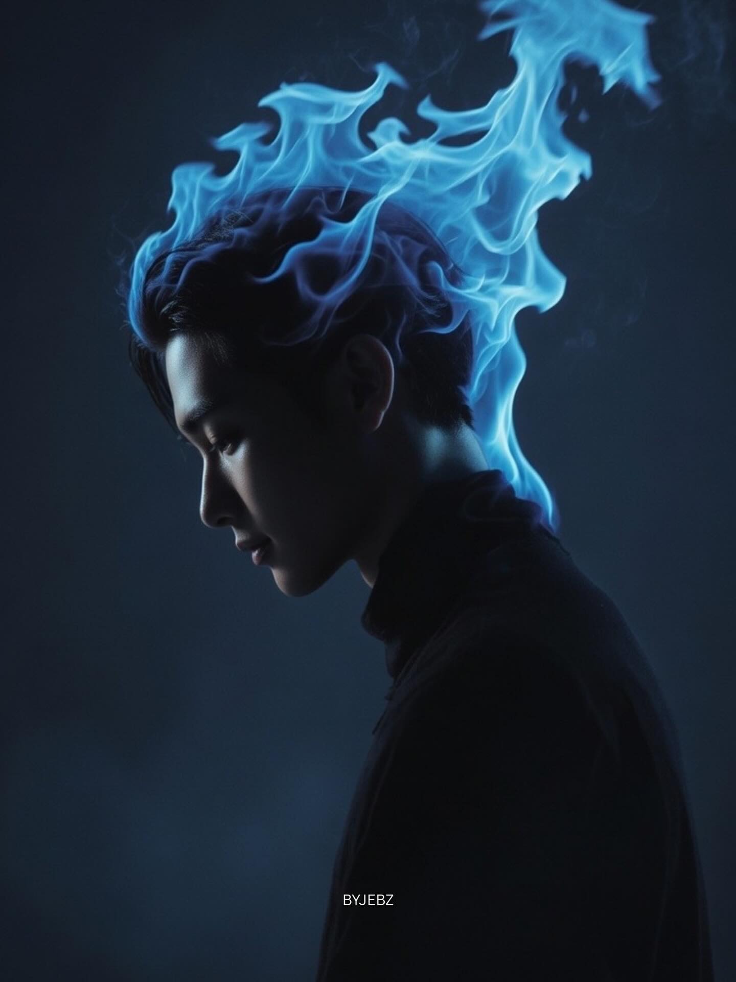 Side Profile Portrait With Blue Fire Hair Replacement