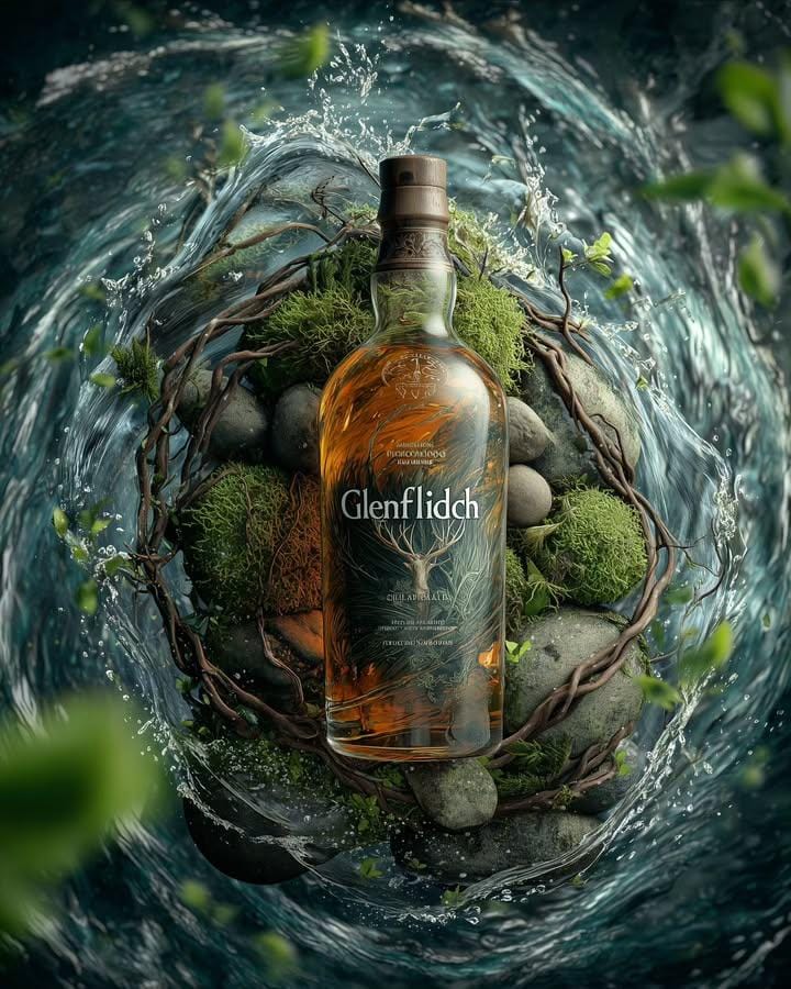 Scottish Whisky Ad with Moss and Water Splashes