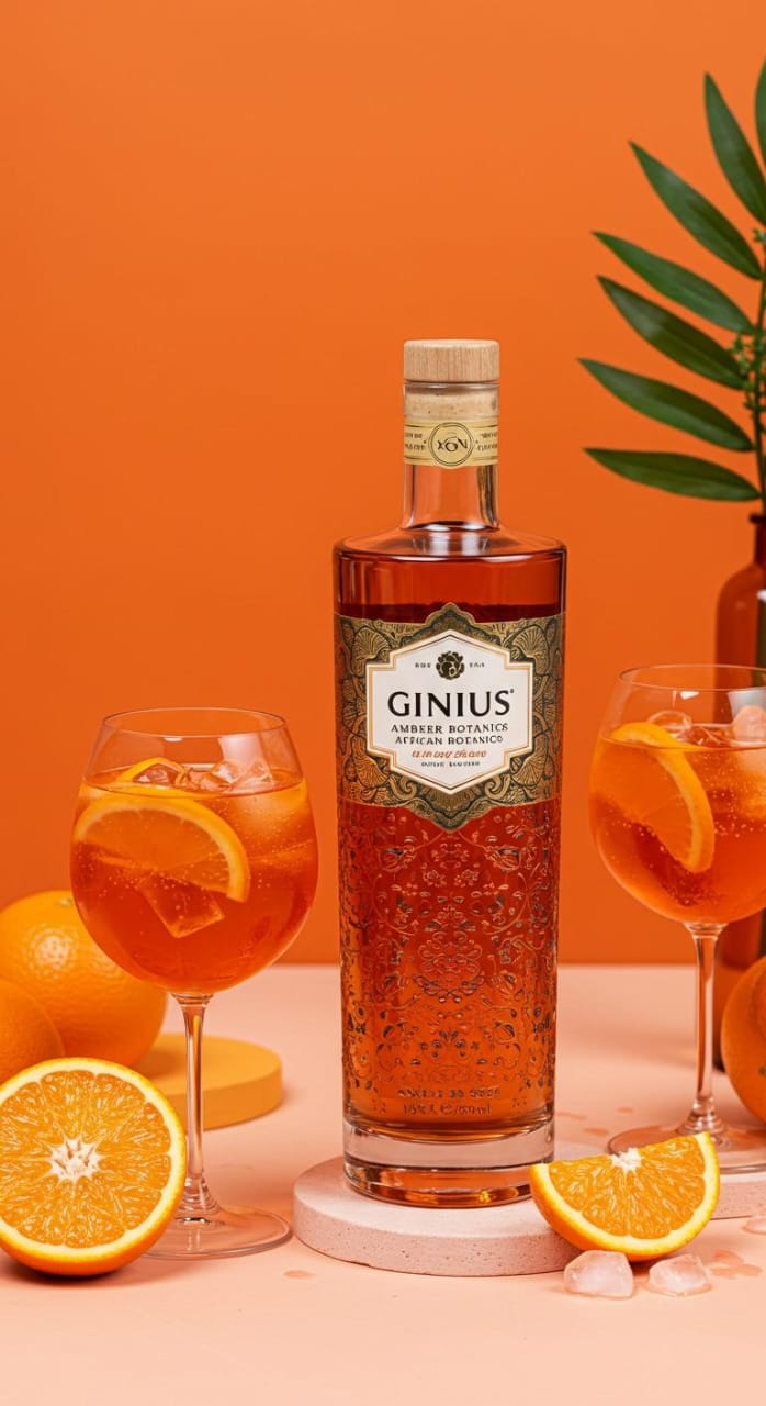 Summer Gin Cocktail with Oranges on Pink Stone