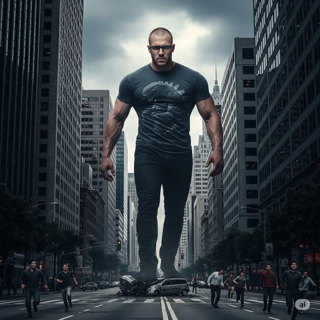 Giant Man Crushing a Car in a City Street