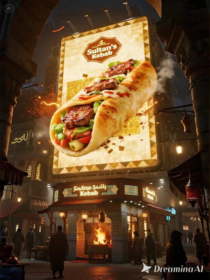 Glowing Kebab Billboard in a Middle Eastern Night Market