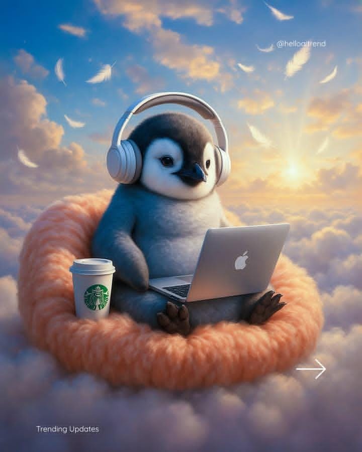 Baby Animal on a Cloud with a Laptop and Coffee