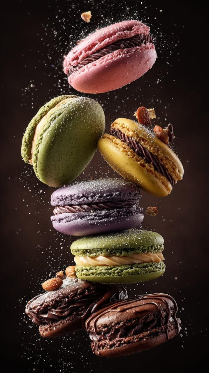 Cinematic Photo of Suspended French Macarons on Black