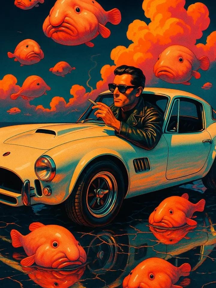Retro Surreal Art with a Car and Floating Animals