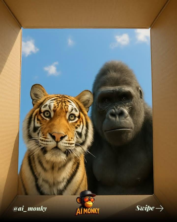 Bear and Giraffe Looking Up from a Cardboard Box