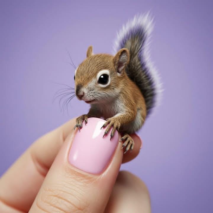 Miniature Baby Animal Perched on a Painted Nail